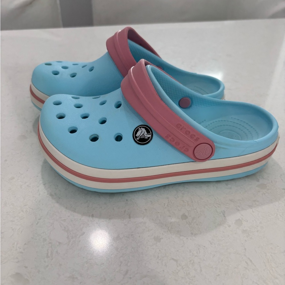 CROCS Kids Aqua Blue Pink Strap Clog Water Shoes - Picture 2 of 13